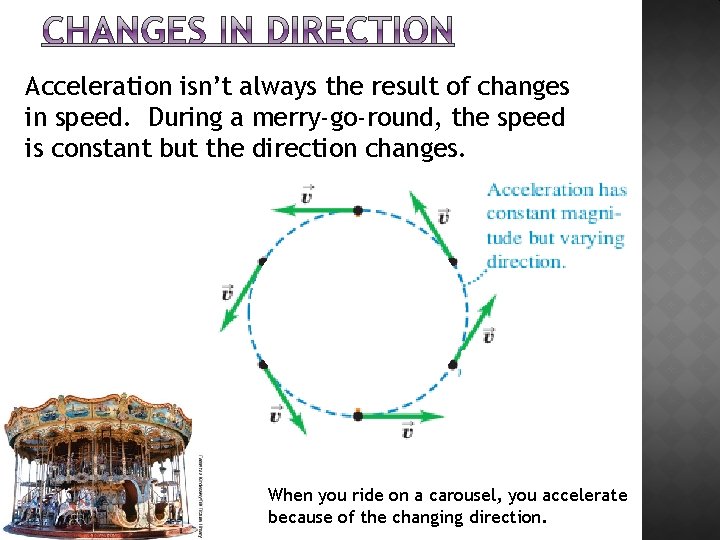 Acceleration isn’t always the result of changes in speed. During a merry-go-round, the speed
