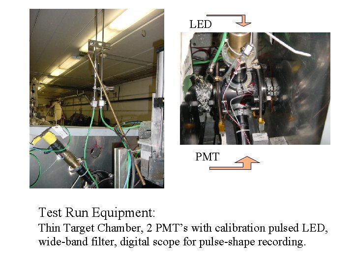 LED PMT Test Run Equipment: Thin Target Chamber, 2 PMT’s with calibration pulsed LED,