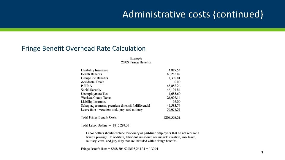 Administrative costs (continued) Fringe Benefit Overhead Rate Calculation 7 