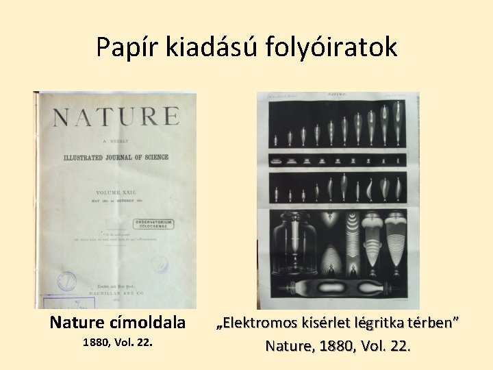 Papír kiadású folyóiratok Nature címoldala „Elektromos kísérlet légritka térben” 1880, Vol. 22. Nature, 1880,