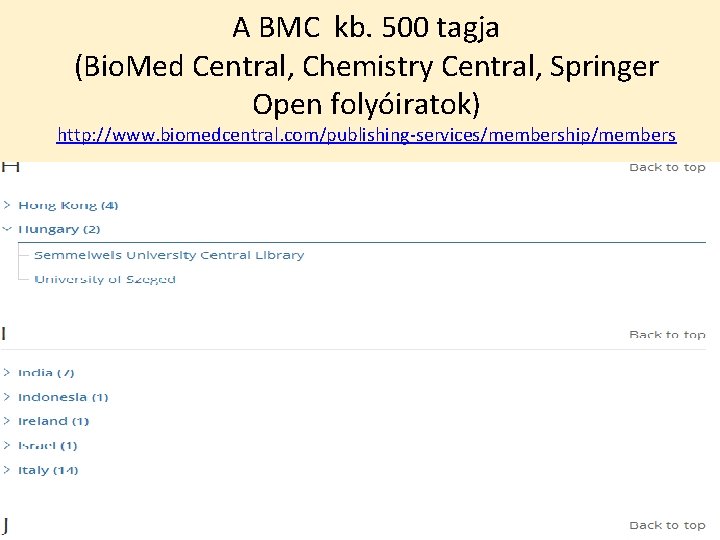 A BMC kb. 500 tagja (Bio. Med Central, Chemistry Central, Springer Open folyóiratok) http: