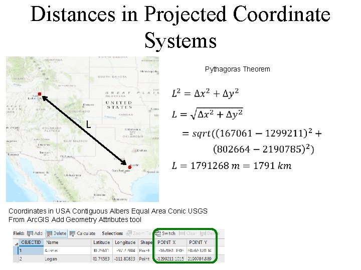 Distances in Projected Coordinate Systems Pythagoras Theorem L Coordinates in USA Contiguous Albers Equal