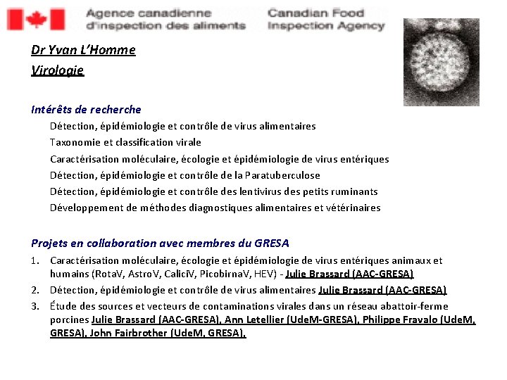 Dr Yvan L’Homme Virologie Intérêts de recherche Détection, épidémiologie et contrôle de virus alimentaires