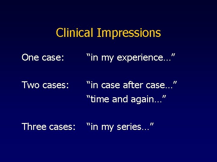 Clinical Impressions One case: “in my experience…” Two cases: “in case after case…” “time