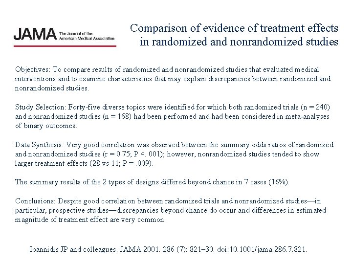 Comparison of evidence of treatment effects in randomized and nonrandomized studies Objectives: To compare