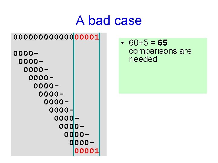 A bad case 000000001 000000000000000000000000001 • 60+5 = 65 comparisons are needed • How
