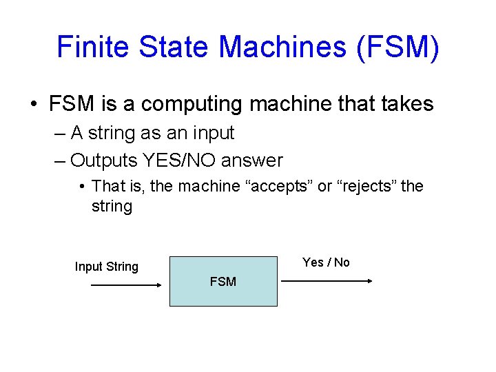 Finite State Machines (FSM) • FSM is a computing machine that takes – A