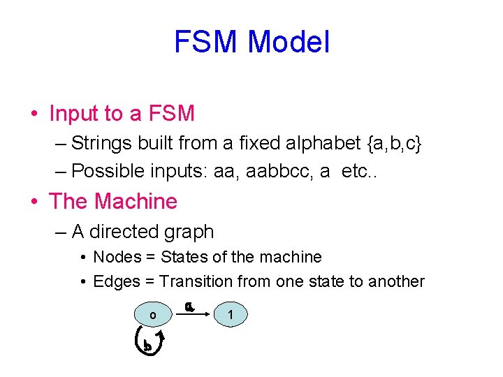 FSM Model • Input to a FSM – Strings built from a fixed alphabet