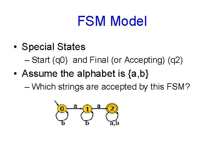 FSM Model • Special States – Start (q 0) and Final (or Accepting) (q