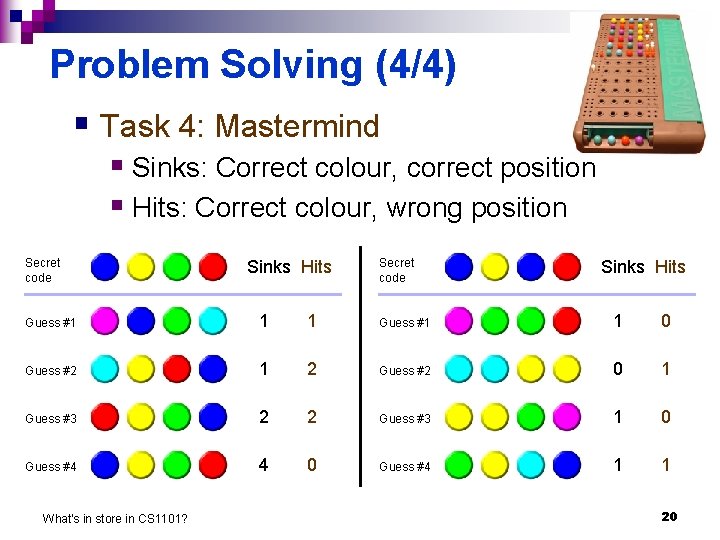 Problem Solving (4/4) § Task 4: Mastermind § Sinks: Correct colour, correct position §