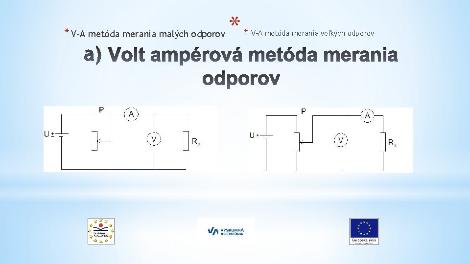 * V-A metóda merania malých odporov * * V-A metóda merania veľkých odporov Rx