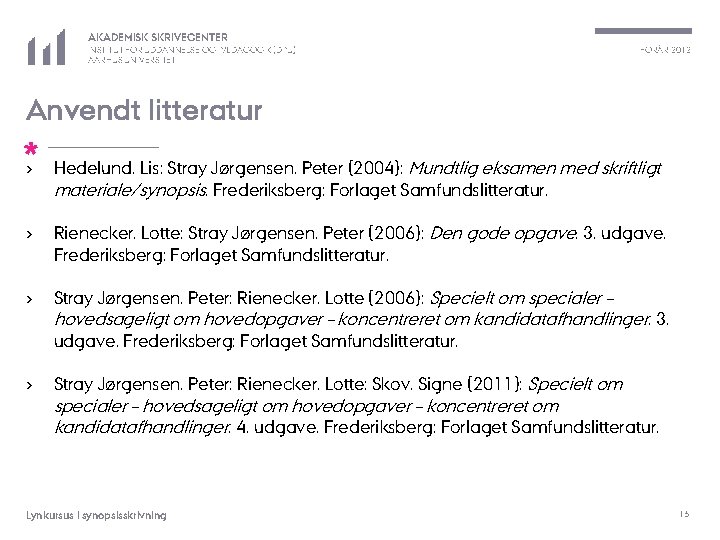 AKADEMISK SKRIVECENTER INSTITUT FOR UDDANNELSE OG PÆDAGOGIK (DPU) AARHUS UNIVERSITET FORÅR 2012 Anvendt litteratur