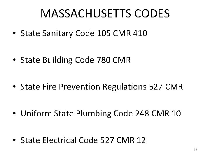 MASSACHUSETTS CODES • State Sanitary Code 105 CMR 410 • State Building Code 780