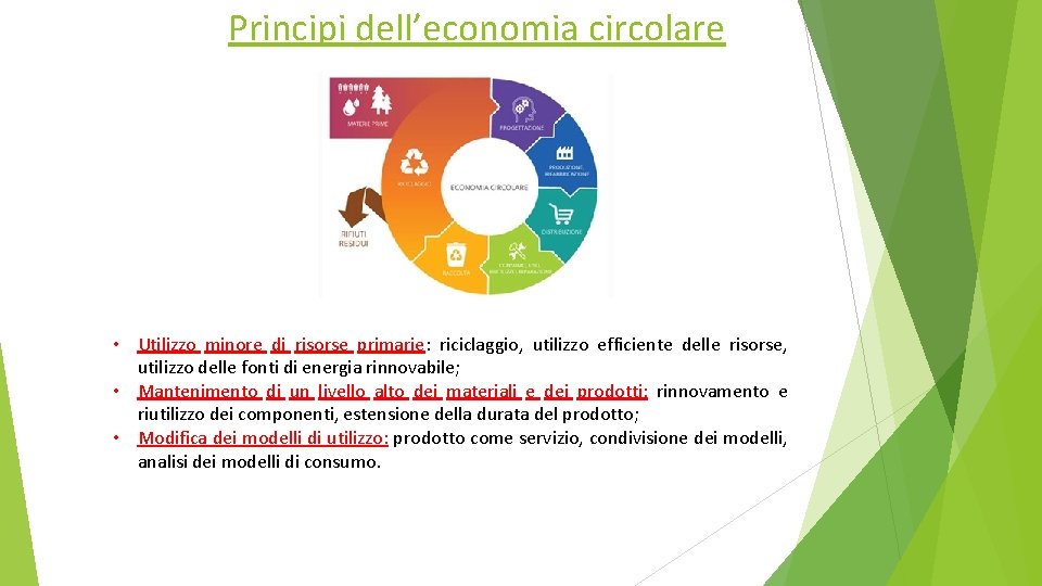 Principi dell’economia circolare • Utilizzo minore di risorse primarie: riciclaggio, utilizzo efficiente delle risorse,