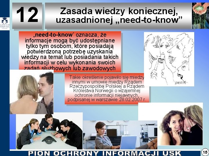12 Zasada wiedzy koniecznej, uzasadnionej „need-to-know” „need-to-know’ oznacza, że informacje mogą być udostępniane tylko 12 Zasada wiedzy koniecznej, uzasadnionej „need-to-know” „need-to-know’ oznacza, że informacje mogą być udostępniane tylko