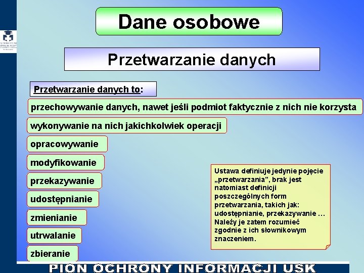 Dane osobowe Przetwarzanie danych to: przechowywanie danych, nawet jeśli podmiot faktycznie z nich nie Dane osobowe Przetwarzanie danych to: przechowywanie danych, nawet jeśli podmiot faktycznie z nich nie