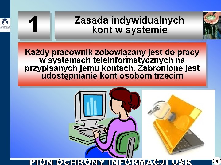 1 Zasada indywidualnych kont w systemie Każdy pracownik zobowiązany jest do pracy w systemach 1 Zasada indywidualnych kont w systemie Każdy pracownik zobowiązany jest do pracy w systemach
