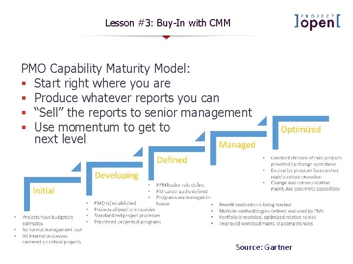Lesson #3: Buy-In with CMM PMO Capability Maturity Model: § Start right where you Lesson #3: Buy-In with CMM PMO Capability Maturity Model: § Start right where you
