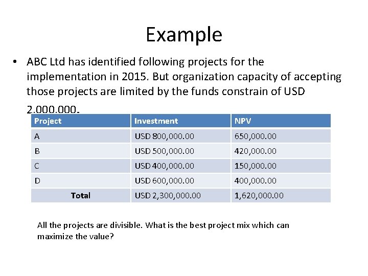 Example • ABC Ltd has identified following projects for the implementation in 2015. But Example • ABC Ltd has identified following projects for the implementation in 2015. But