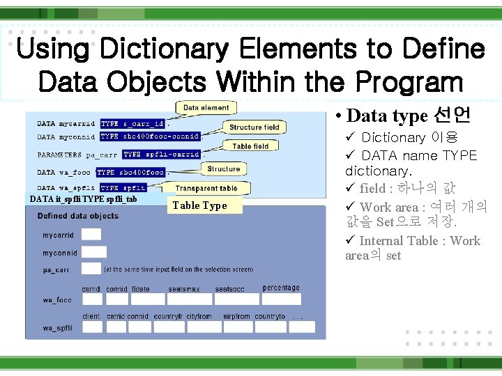Using Dictionary Elements to Define Data Objects Within the Program • Data type 선언