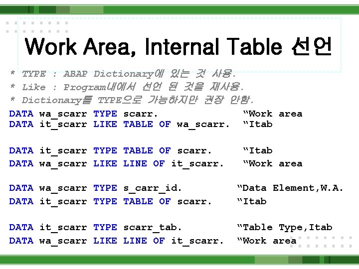 Work Area, Internal Table 선언 * TYPE : ABAP Dictionary에 있는 것 사용. *