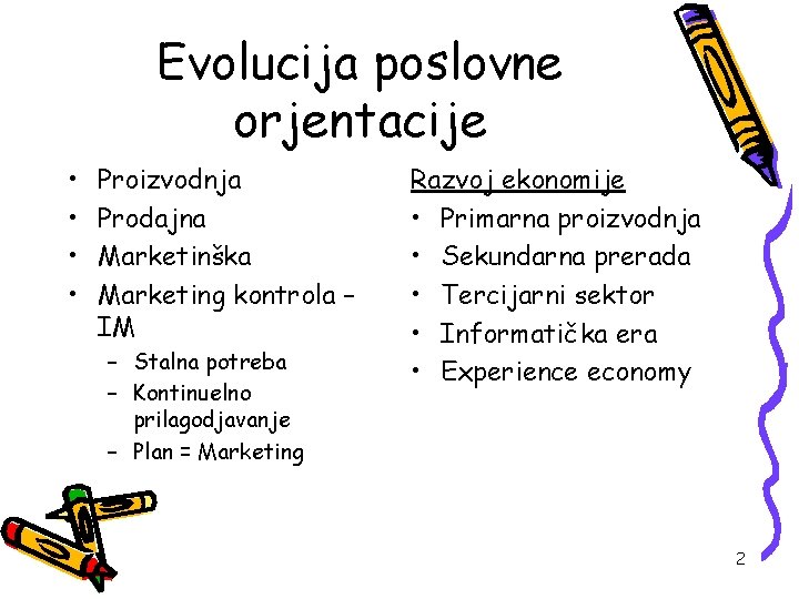 Evolucija poslovne orjentacije • • Proizvodnja Prodajna Marketinška Marketing kontrola – IM – Stalna