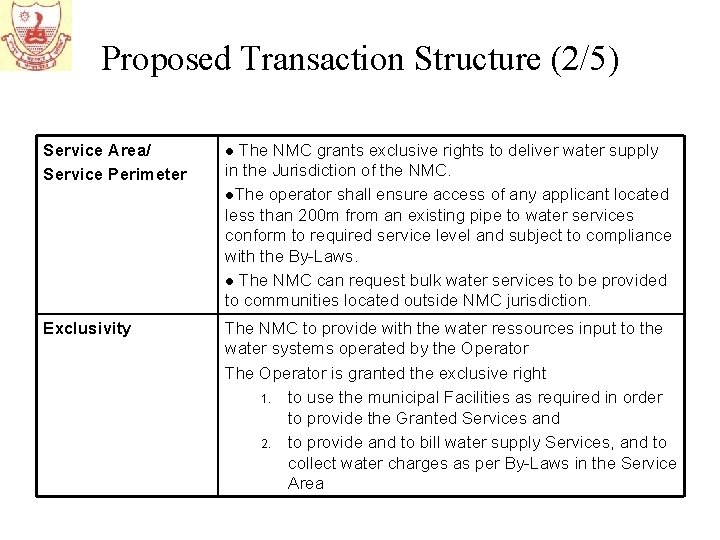 Proposed Transaction Structure (2/5) Service Area/ Service Perimeter l The NMC grants exclusive rights