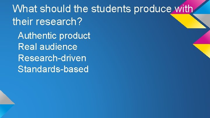 What should the students produce with their research? Authentic product Real audience Research-driven Standards-based