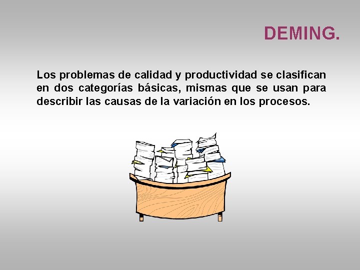 DEMING. Los problemas de calidad y productividad se clasifican en dos categorías básicas, mismas