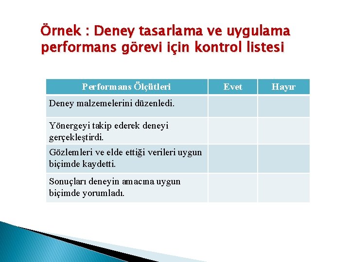 Örnek : Deney tasarlama ve uygulama performans görevi için kontrol listesi Performans Ölçütleri Deney