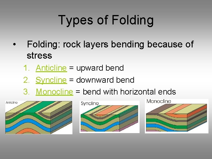 Types of Folding • Folding: rock layers bending because of stress 1. Anticline =