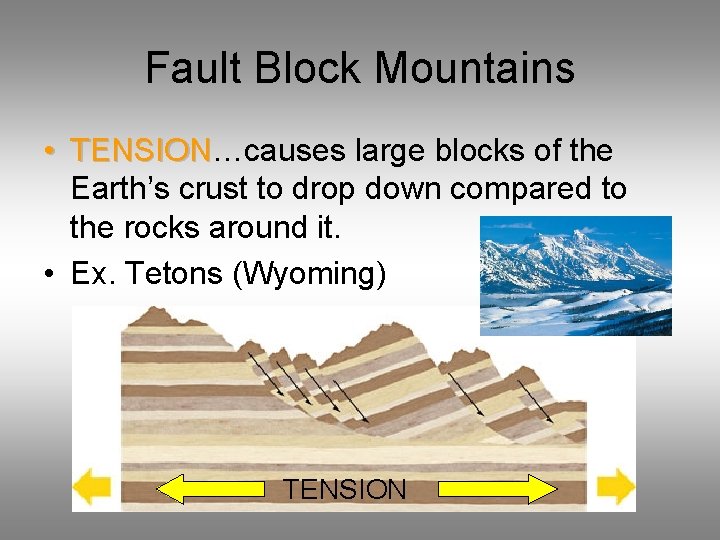 Fault Block Mountains • TENSION…causes large blocks of the TENSION Earth’s crust to drop