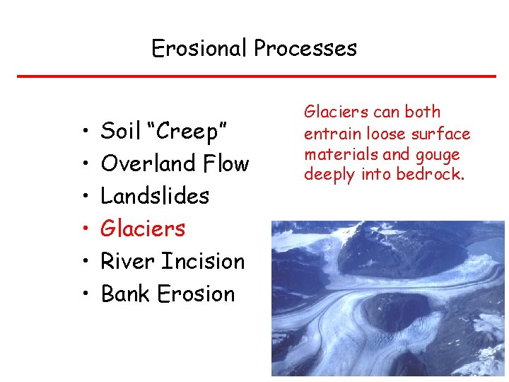 Erosional Processes • • • Soil “Creep” Overland Flow Landslides Glaciers River Incision Bank