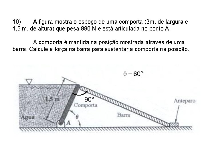 10) A figura mostra o esboço de uma comporta (3 m. de largura e
