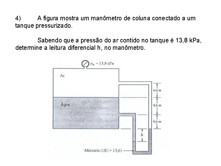 4) A figura mostra um manômetro de coluna conectado a um tanque pressurizado. Sabendo
