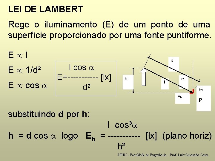  LEI DE LAMBERT Rege o iluminamento (E) de um ponto de uma superfície