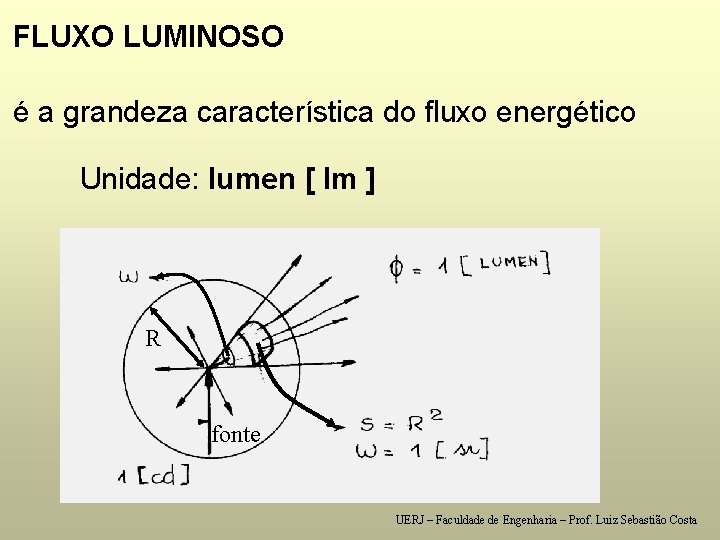 FLUXO LUMINOSO é a grandeza característica do fluxo energético Unidade: lumen [ lm ]