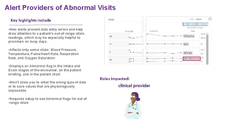 Alert Providers of Abnormal Visits Key highlights include • New alerts prevent data entry