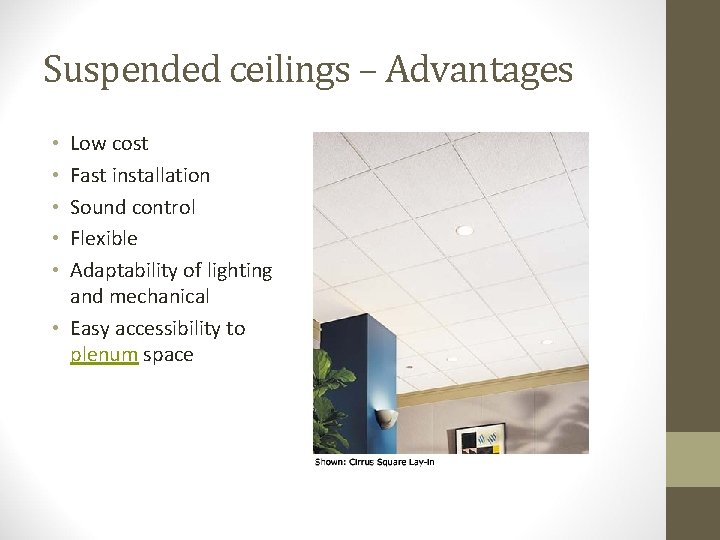Suspended ceilings – Advantages Low cost Fast installation Sound control Flexible Adaptability of lighting