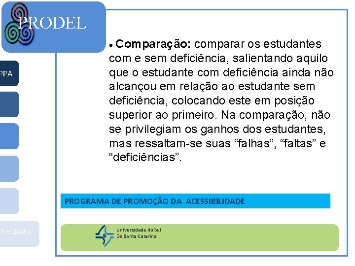 PRODEL · Comparação: PPA comparar os estudantes com e sem deficiência, salientando aquilo que