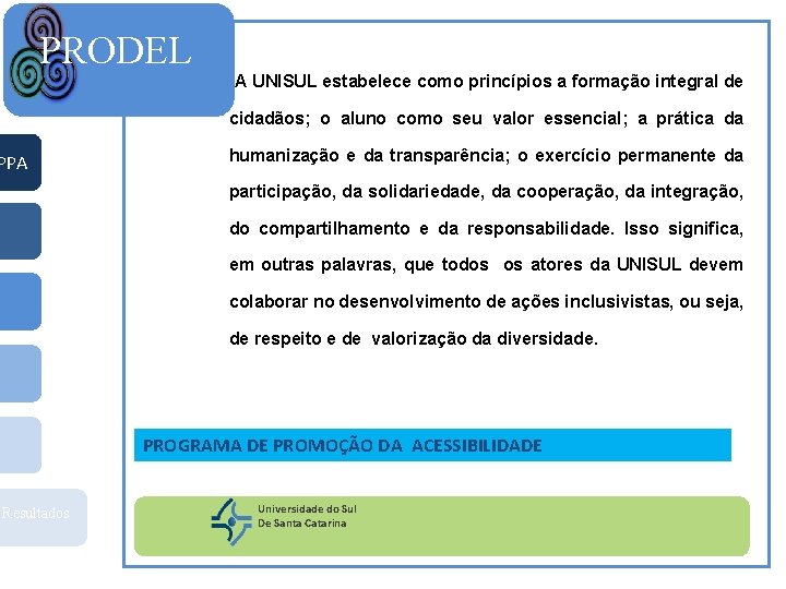 PRODEL A UNISUL estabelece como princípios a formação integral de cidadãos; o aluno como