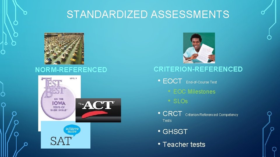 STANDARDIZED ASSESSMENTS NORM-REFERENCED CRITERION-REFERENCED • EOCT • • End-of-Course Test EOC Milestones SLOs •