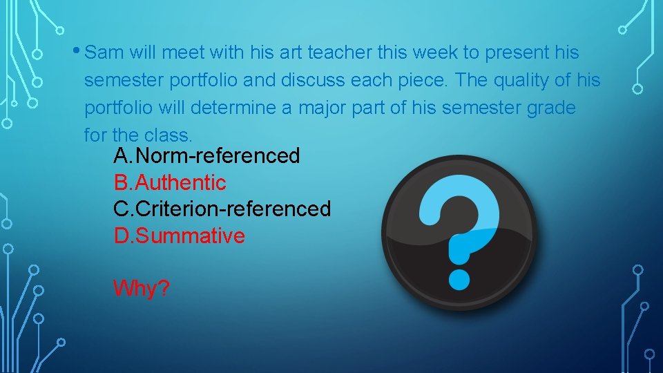  • Sam will meet with his art teacher this week to present his