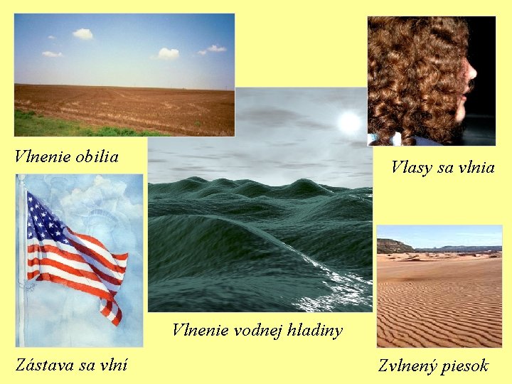 Vlnenie obilia Vlasy sa vlnia Vlnenie vodnej hladiny Zástava sa vlní Zvlnený piesok 