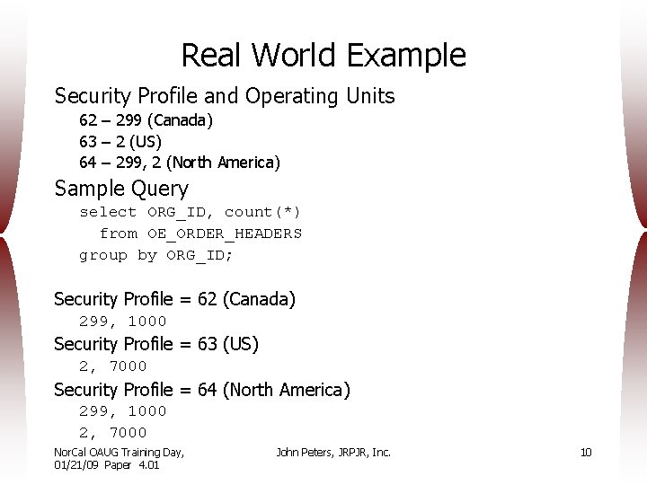 Real World Example Security Profile and Operating Units 62 – 299 (Canada) 63 –