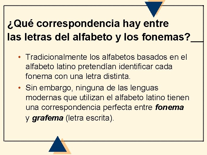 ¿Qué correspondencia hay entre las letras del alfabeto y los fonemas? • Tradicionalmente los