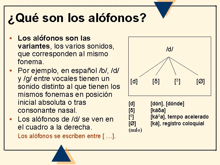 ¿Qué son los alófonos? • Los alófonos son las variantes, los varios sonidos, que