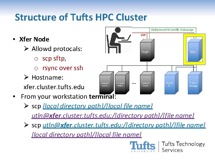 Structure of Tufts HPC Cluster • Xfer Node Ø Allowd protocals: o scp sftp,