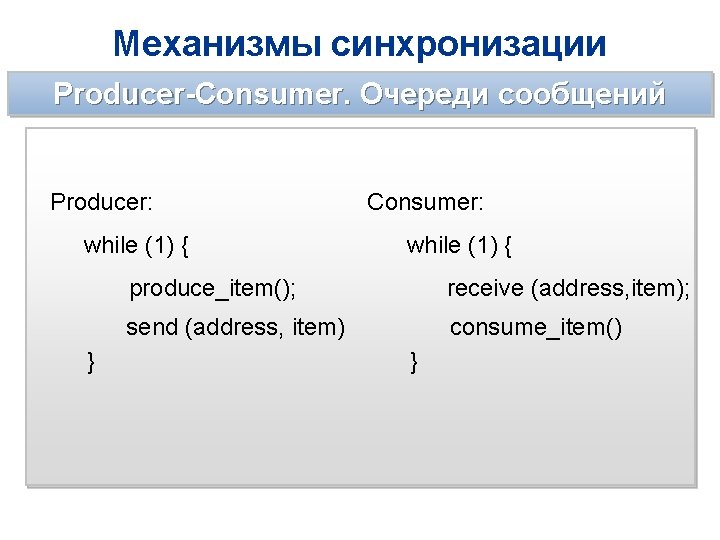 Механизмы синхронизации Producer-Consumer. Очереди сообщений Producer: while (1) { } Consumer: while (1) {