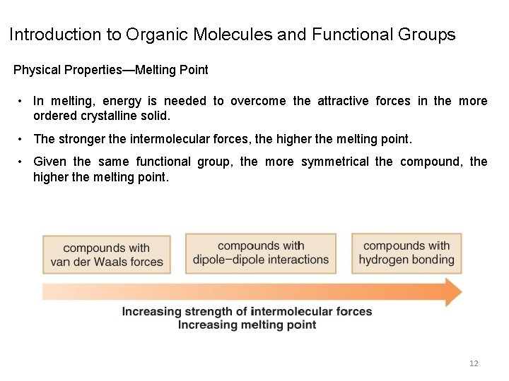 Introduction to Organic Molecules and Functional Groups Physical Properties—Melting Point • In melting, energy